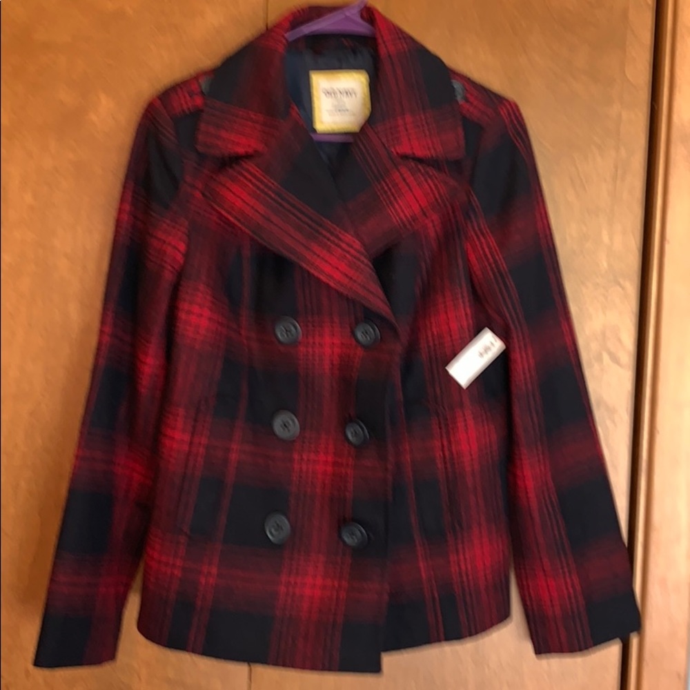 Women’s red/navy plaid wool blend pea coat - L